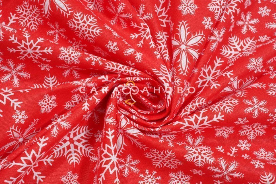 Ткань Бязь 150 см 120 гр рис 1827-28 снежинки на красном